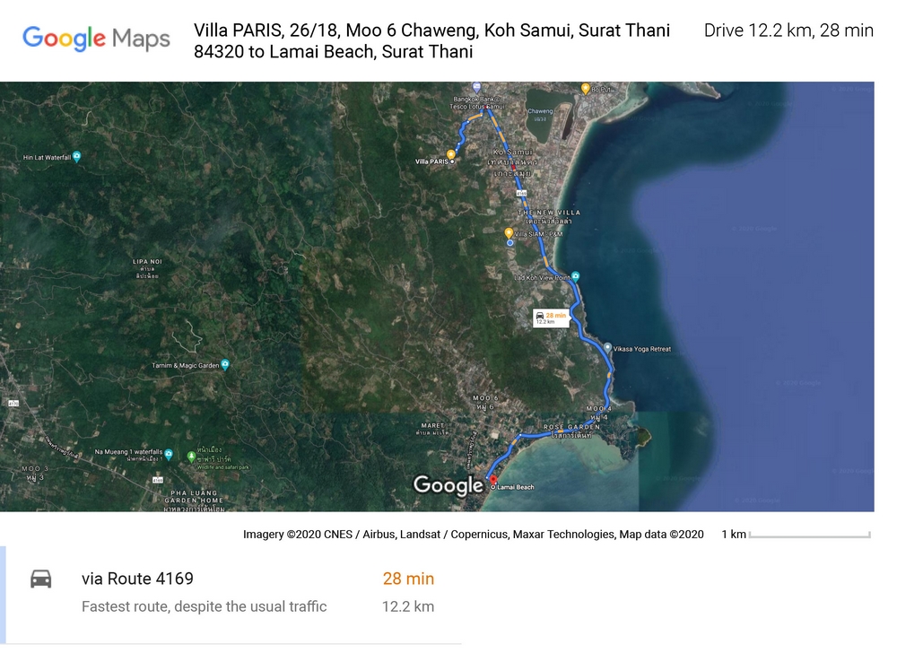 Route and distance of 12,2 Km between Lamaï beach and Villa PARIS on Chaweng